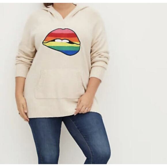Torrid Plus Size Raglan Hoodie Sweater Rainbow Lips in Oatmeal Size 2/2XL Pride - Picture 1 of 9